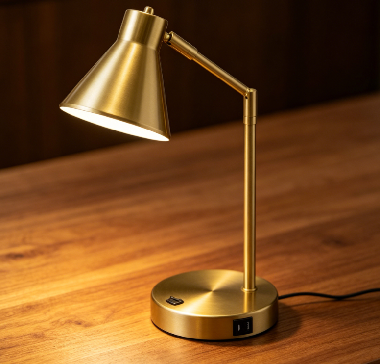 Desk Lamp with Dual USB Charging Ports, 100% Metal Lamp, 270° Swivel Arms, Soft White Light (3000K), Bedside Reading Lamp, Home Office Lamp, Table Lamp, ETL Listed, Antique Brass