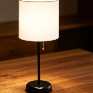 Black Stick Table Desk Lamp with Charging Outlet and Drum Fabric Shade, White